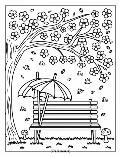 Kirschblüten-Ausmalbild für Erwachsene: Eine ruhige Bank unter einem Kirschbaum mit Regenschirmen, Blütenblättern und niedlichen kleinen Wesen