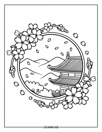 Kirschblüten-Ausmalbild für Erwachsene: Ein rundes Fenster rahmt Berge und ein Tempeldach ein, mit sich hineinkräuselnden Kirschblüten