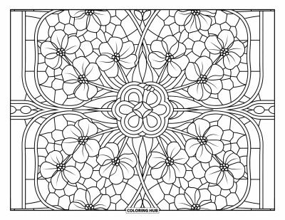 Kirschblüten-Ausmalbild für Erwachsene: Ein Muster im Buntglasstil gefüllt mit Kirschblüten