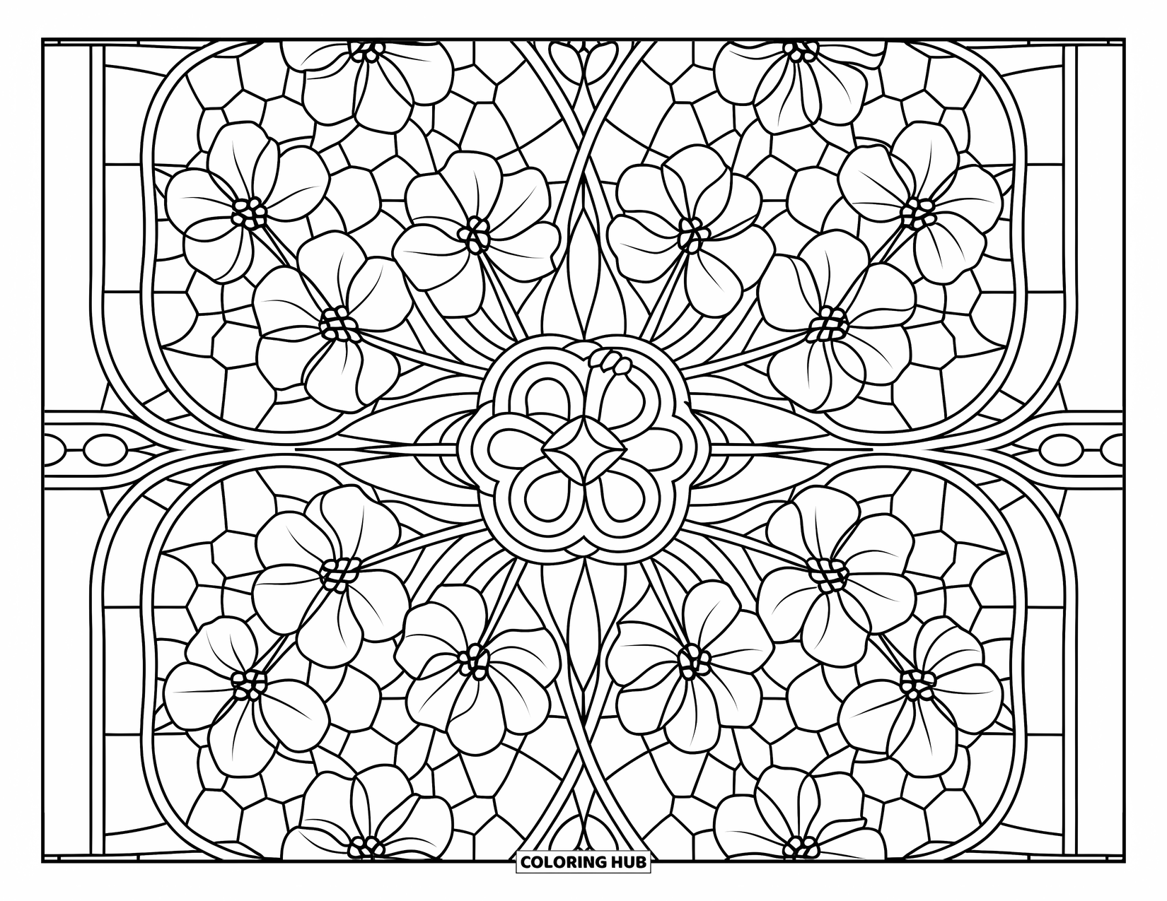 Cherry Blossom Coloring Page for Adults: A stained-glass style pattern filled with cherry blossoms