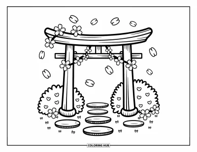 Kirschblüten-Ausmalbild für Erwachsene: Ein Torii-Tor umhüllt von Kirschblüten mit wirbelnden Blütenblättern und Blüten ringsum