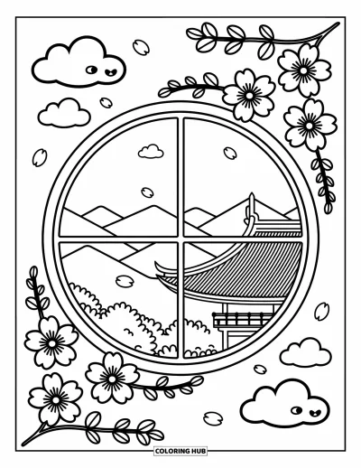 Kirschblüten-Ausmalbild für Erwachsene: Blüten und Blütenblätter rahmen ein rundes Fenster mit Bergen und einem friedlichen Tempelblick