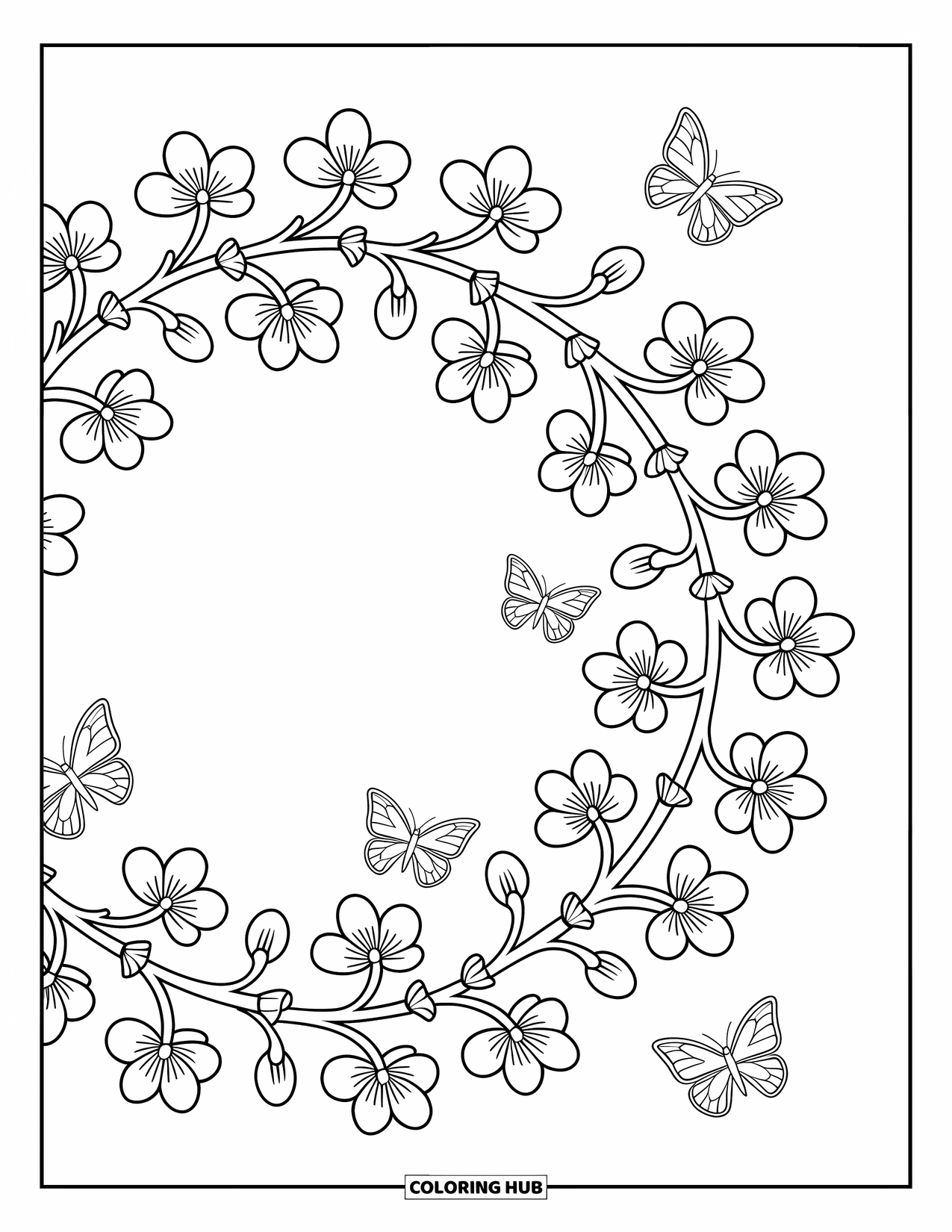 Cherry Blossom Coloring Page for Adults: Cherry blossom branches form a wreath with butterflies, charms, and delicate little ribbons