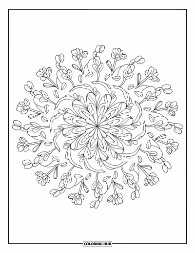 Kirschblüten-Ausmalbild für Erwachsene: Kirschblütenblätter und Laubblätter bilden ein detailliertes rundes Mandala