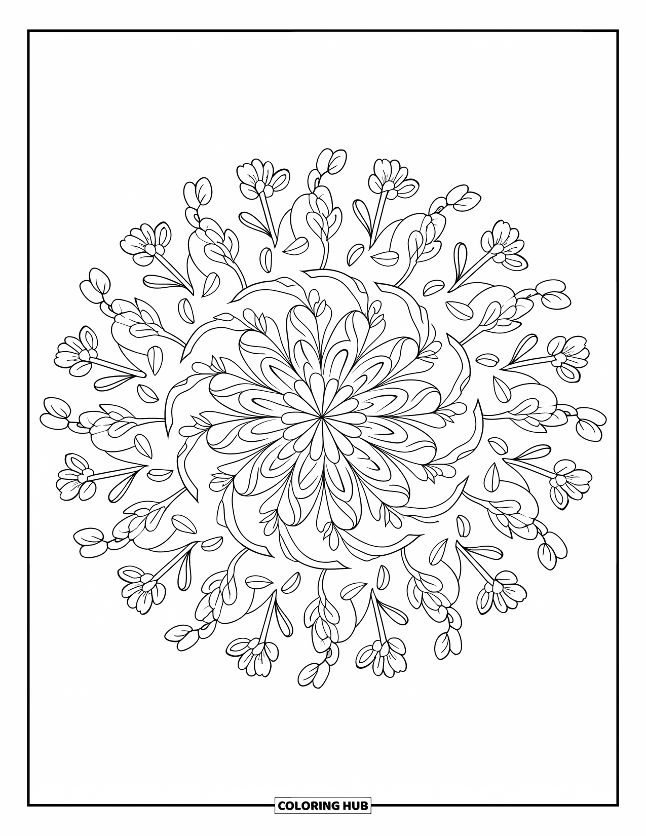 Cherry Blossom Coloring Page for Adults: Cherry blossom petals and leaves form a detailed round mandala