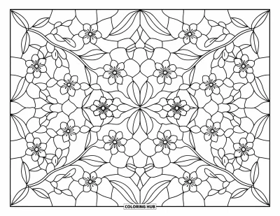 Kirschblüten-Ausmalbild für Erwachsene: Kirschblüten und Blätter in einem ausdrucksstarken Buntglas-Layout arrangiert