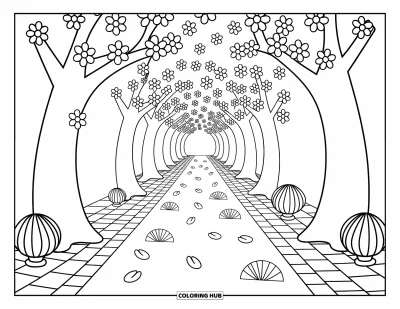 Kirschblüten-Ausmalbild für Erwachsene: Kirschblüten und Papierlaternen säumen einen charmanten Weg durch einen Blütentunnel