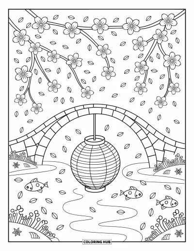 Kirschblüten-Ausmalbild für Erwachsene: Kirschblüten und Blütenblätter schweben über einem Fluss mit einer vorbeigleitenden Papierlaterne