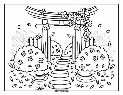 Kirschblüten-Ausmalbild für Erwachsene: Kirschblüten und Trittsteinchen umgeben ein geschwungenes Tor in einer stimmungsvollen Gartenszene