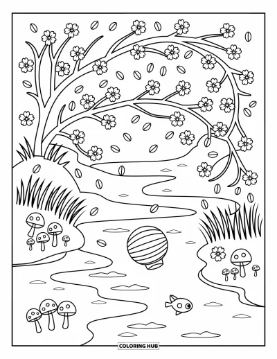 Kirschblüten-Ausmalbild für Erwachsene: Kirschblüten wölben sich über einen Fluss mit Blütenblättern und einer treibenden Laterne darunter