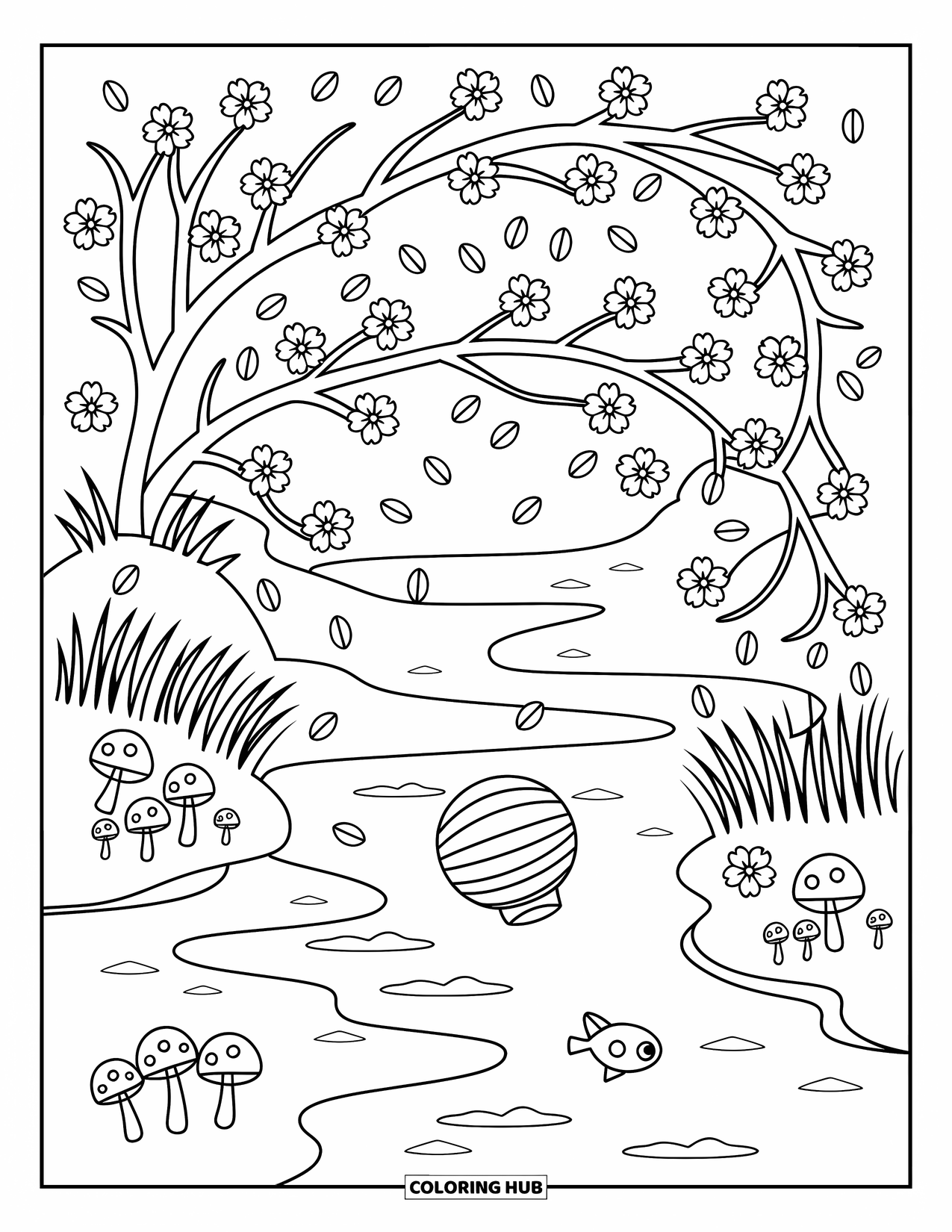 Cherry Blossom Coloring Page for Adults: Cherry blossoms arch over a river with petals and a drifting lantern below
