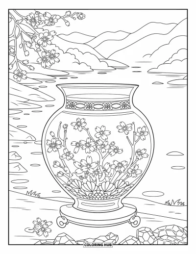Kirschblüten-Ausmalbild für Erwachsene: In einer Vase arrangierte Kirschblüten mit Bergen und einem stillen See im Hintergrund