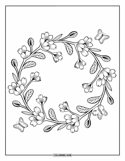 Kirschblüten-Ausmalbild für Erwachsene: Kirschblüten bilden einen hübschen Kranz mit Schmetterlingen und verspielten Bändern