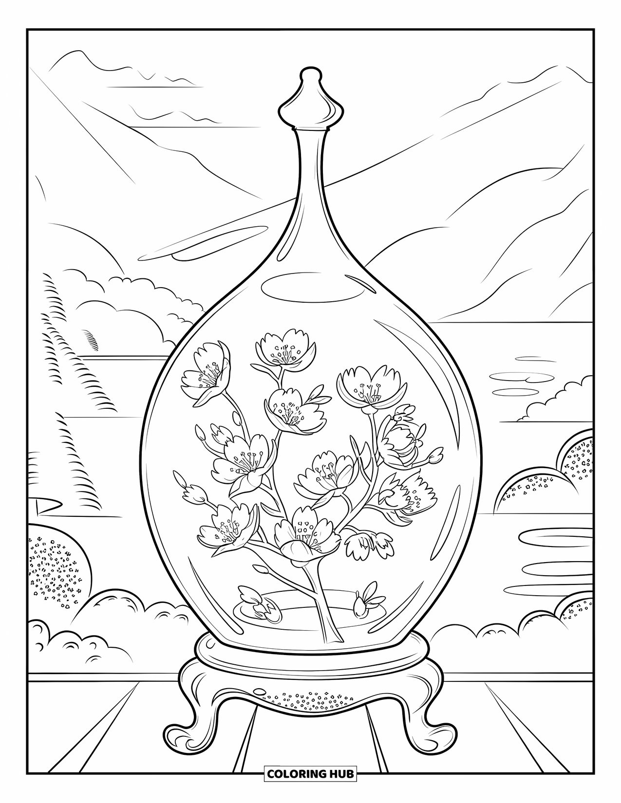 Cherry Blossom Coloring Page for Adults: Cherry blossoms in a glass vase with a peaceful view