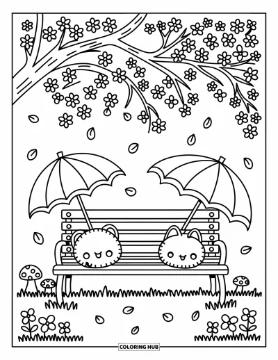 Kirschblüten-Ausmalbild für Erwachsene: Kirschblüten umwirbeln eine gemütliche Bank und Regenschirme mit kleinen Pilzen darunter