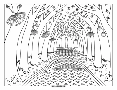 Kirschblüten-Ausmalbild für Erwachsene: Kirschbäume bilden einen Tunnel über einem gewundenen Weg mit kleinen Fächern und hängenden Laternen