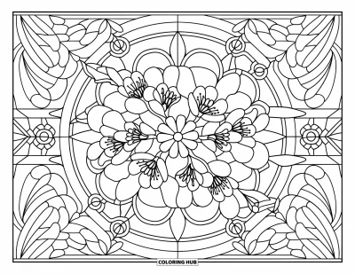 Kirschblüten-Ausmalbild für Erwachsene: Feine Kirschblütenformen bilden ein vom Buntglas inspiriertes Design