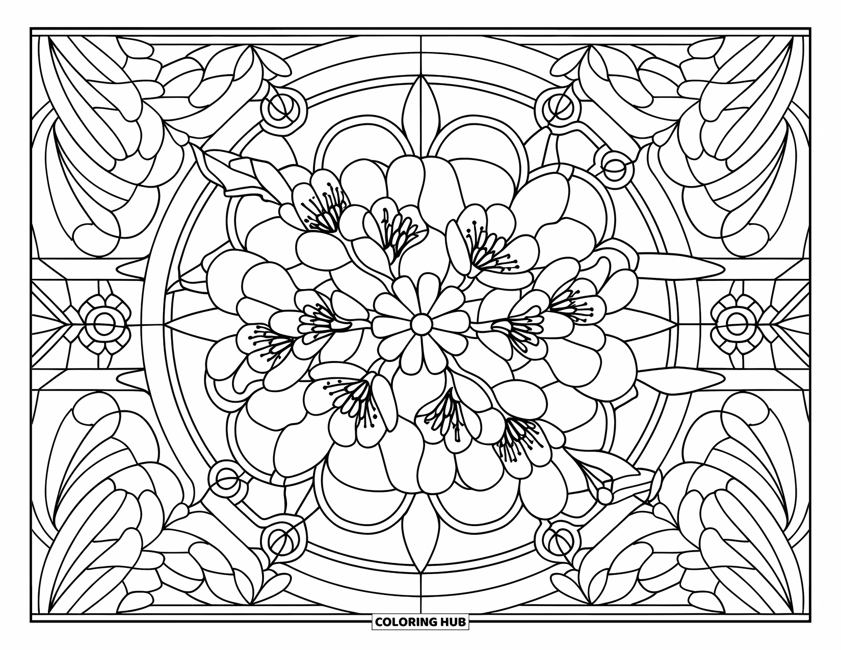 Cherry Blossom Coloring Page for Adults: Intricate cherry blossom shapes form a stained-glass inspired design