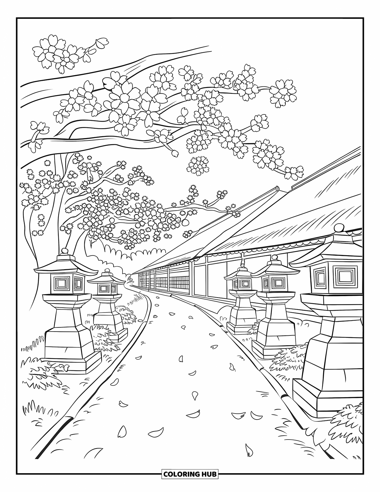 Cherry Blossom Coloring Page for Adults: Stone lanterns line a cherry blossom path near a thatched-roof house