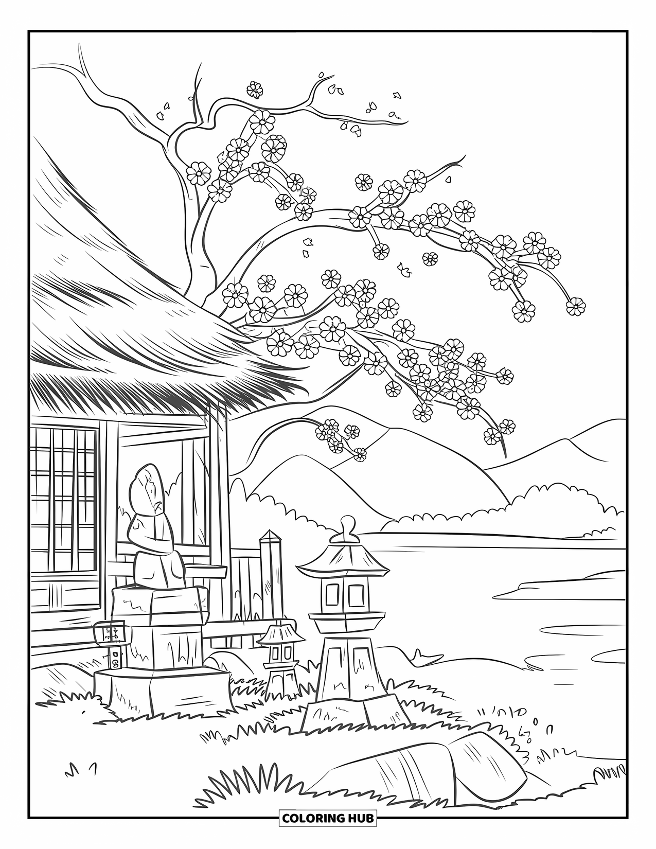 Cherry Blossom Coloring Page for Kids: A blooming cherry blossom tree next to a quiet shrine with lanterns and statues