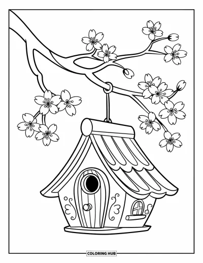 Kirschblüten-Ausmalbild für Kinder: Ein niedliches Vogelhaus hängt an einem blühenden Kirschbaumast