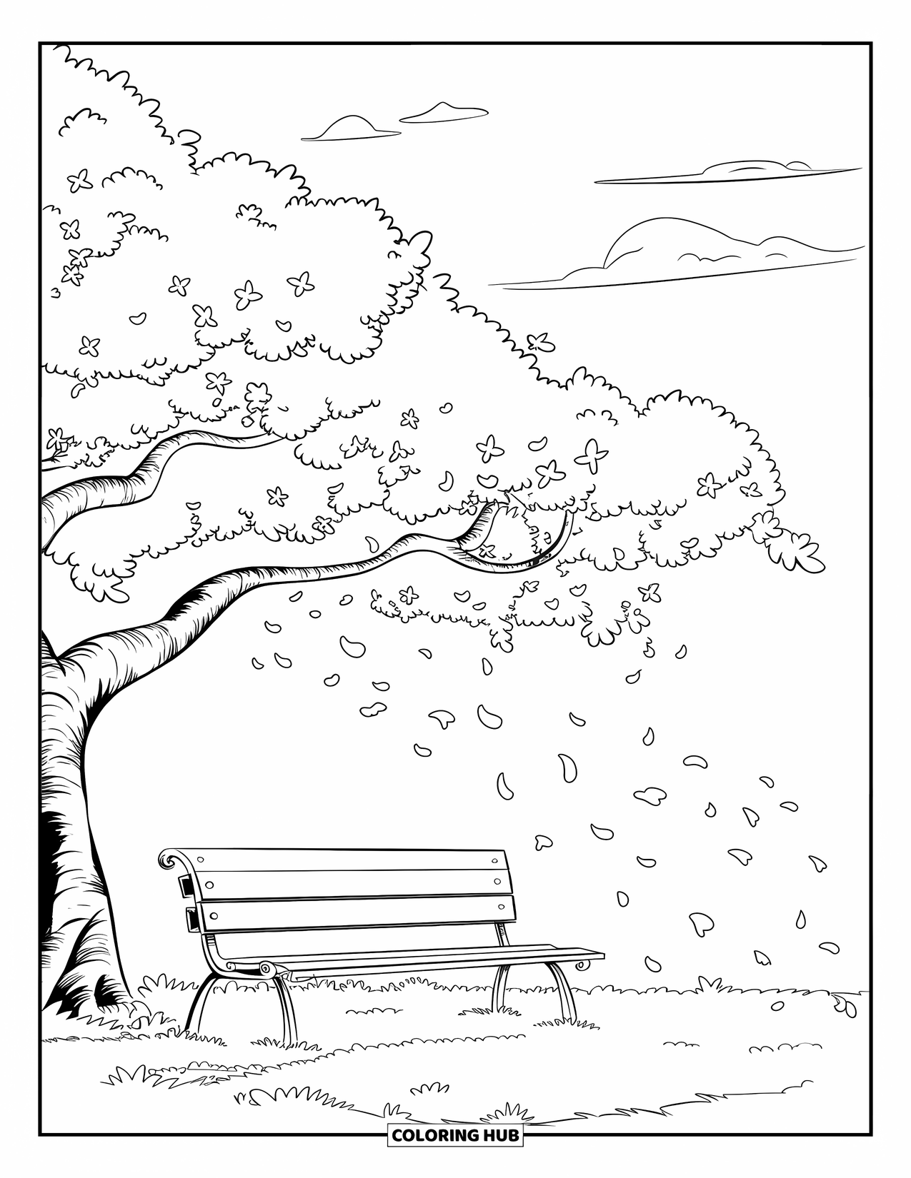 Cherry Blossom Coloring Page for Kids: A few blossoms fall from a cherry tree above a quiet park bench