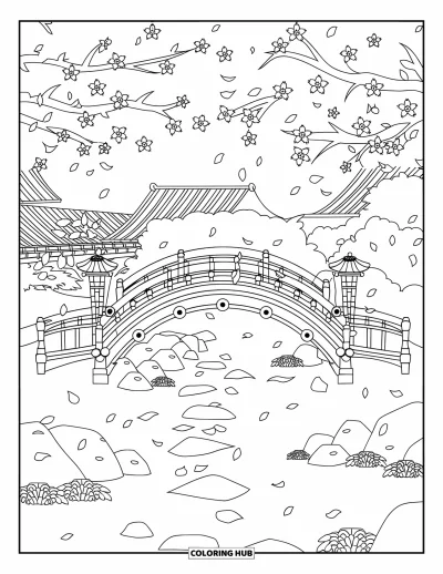 Kirschblüten-Ausmalbild für Kinder: Eine Gartenbrücke mit hängenden Laternen, blühenden Bäumen und fernen Gebäuden mit roten Dächern