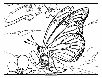 Kirschblüten-Ausmalbild für Kinder: Ein zarter Schmetterling ruht auf einem Kirschblütenzweig in ruhiger Umgebung