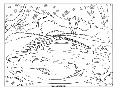 Kirschblüten-Ausmalbild für Kinder: Ein Koi-Teich mit Trittsteinchen, Kirschbäumen und einem idyllischen Weg