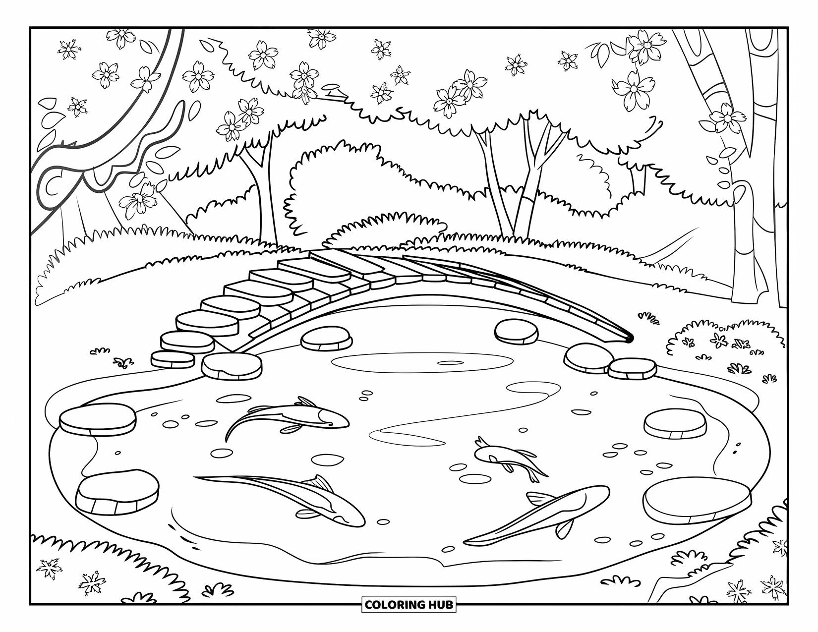 Cherry Blossom Coloring Page for Kids: A koi pond with stepping stones, cherry trees, and a peaceful path