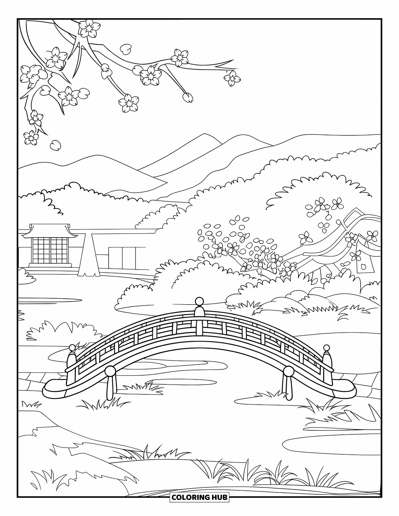 Cherry Blossom Coloring Page for Kids: A peaceful Japanese garden bridge surrounded by cherry blossoms and gentle scenery