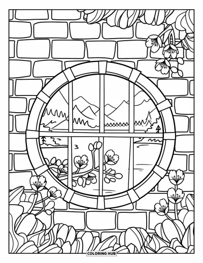 Kirschblüten-Ausmalbild für Kinder: Ein rundes Fenster mit Kirschblüten und einer friedlichen Landschaft dahinter