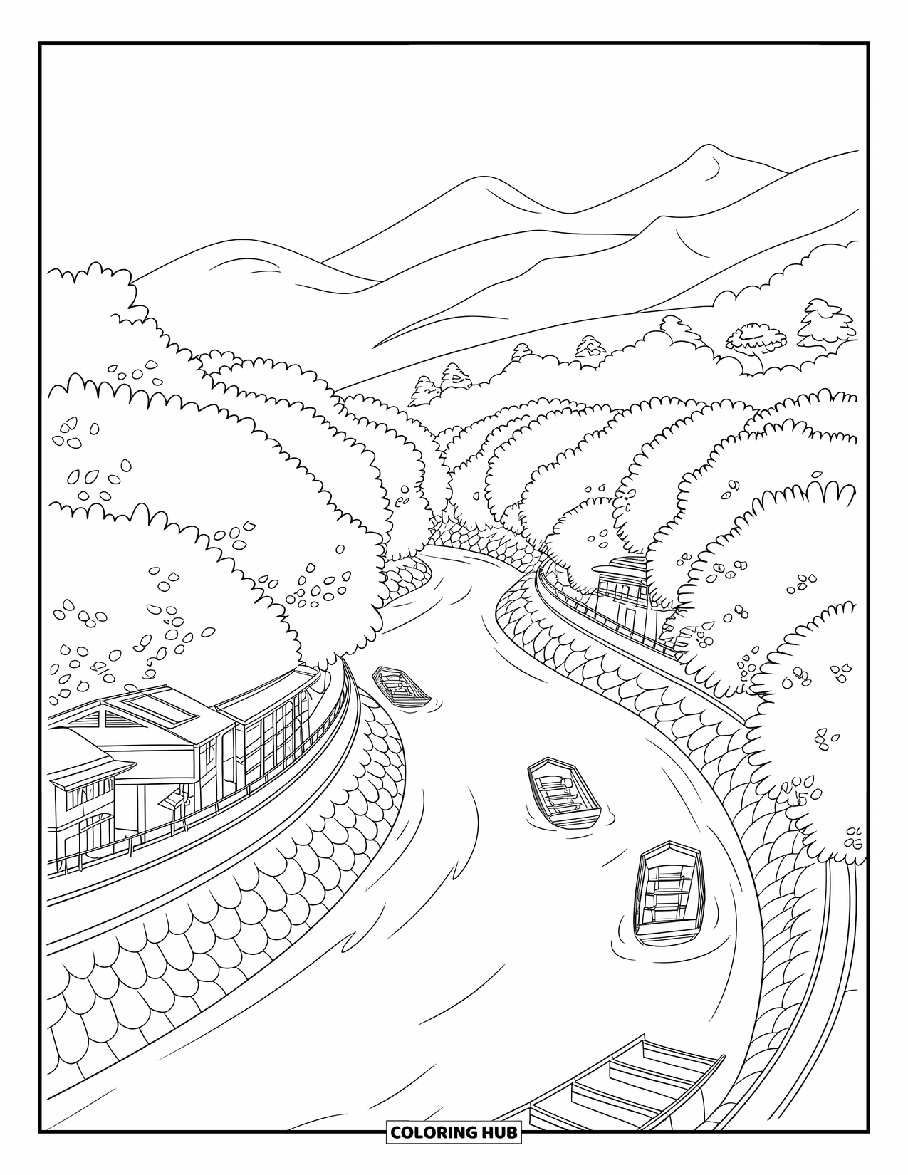 Cherry Blossom Coloring Page for Kids: A winding river with cherry trees, small boats, and mountain scenery