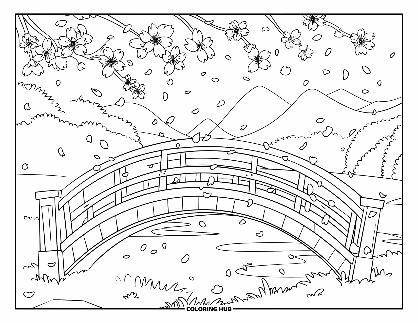 Cherry Blossom Coloring Page for Kids: A wooden bridge under blooming cherry blossoms with petals gently falling all around