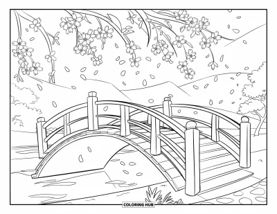Kirschblüten-Ausmalbild für Kinder: Eine gewölbte Brücke umgeben von fallenden Kirschblüten und einer ruhigen Landschaft