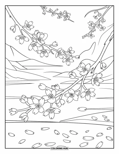 Kirschblüten-Ausmalbild für Kinder: Kirschblütenzweige über einem stillen See und fernen Bergen