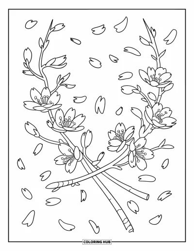 Kirschblüten-Ausmalbild für Kinder: Kirschblütenzweige kreuzen sich sanft mit umherschwebenden Blütenblättern