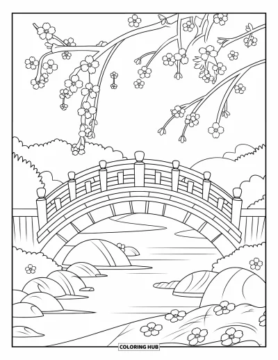 Kirschblüten-Ausmalbild für Kinder: Kirschblüten um eine Brücke mit Felsen und ruhigem Wasser in der Nähe