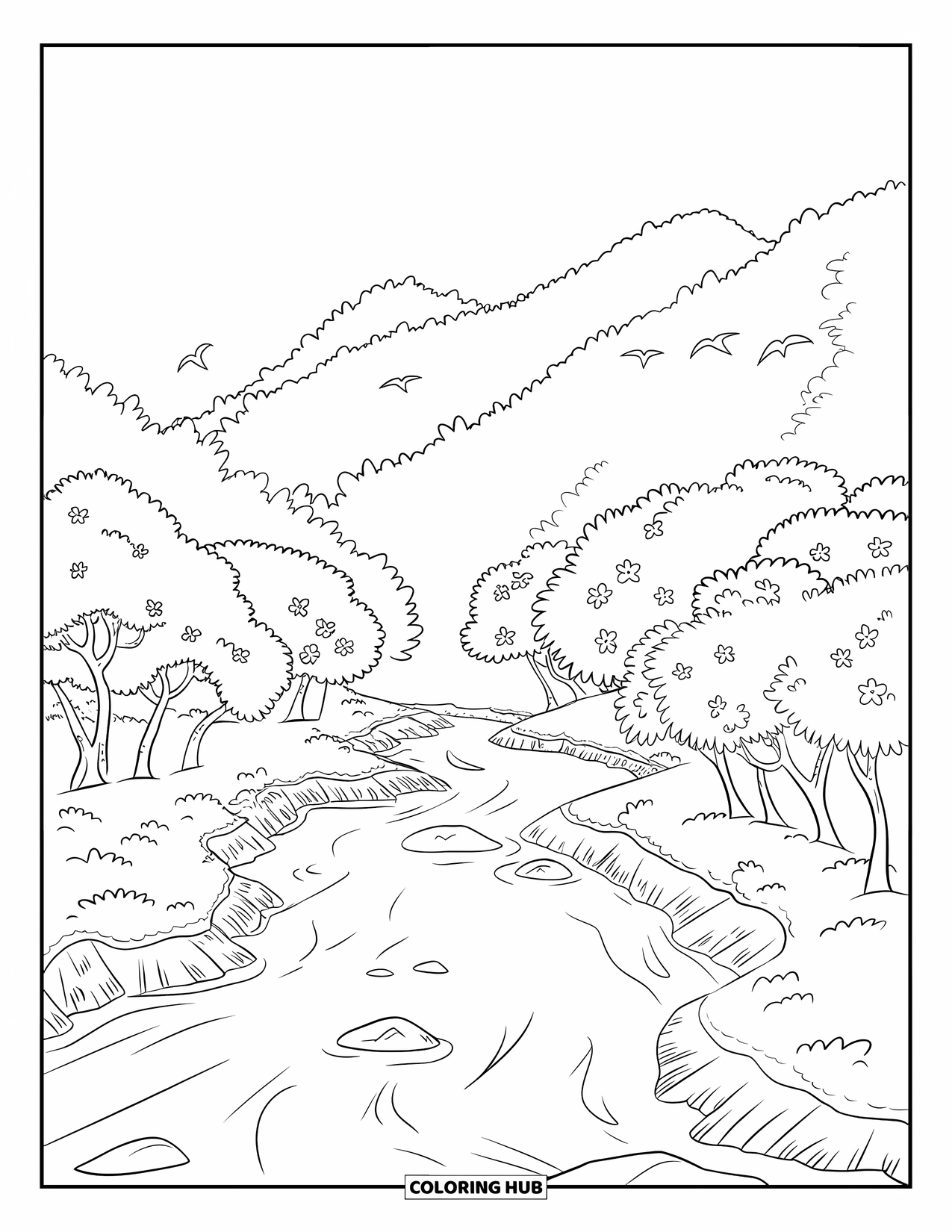 Cherry Blossom Coloring Page for Kids: Cherry blossoms line a river with birds flying above and rocks below