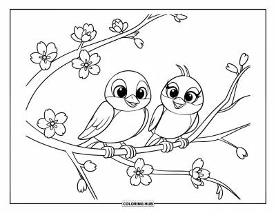 Kirschblüten-Ausmalbild für Kinder: Zwei Vögel sitzen herzlich auf einem Kirschblütenzweig