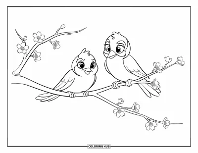 Kirschblüten-Ausmalbild für Kinder: Zwei Vögel mit großen Augen sitzen sich auf einem Blütenzweig gegenüber