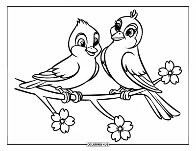 Kirschblüten-Ausmalbild für Kinder: Zwei fröhliche Vögel sitzen auf einem Ast mit einigen bunten Blüten