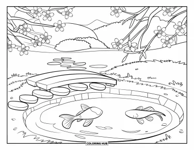 Kirschblüten-Ausmalbild für Kinder: Zwei Koi-Fische schwimmen in einem Teich neben einer Brücke und blühenden Bäumen