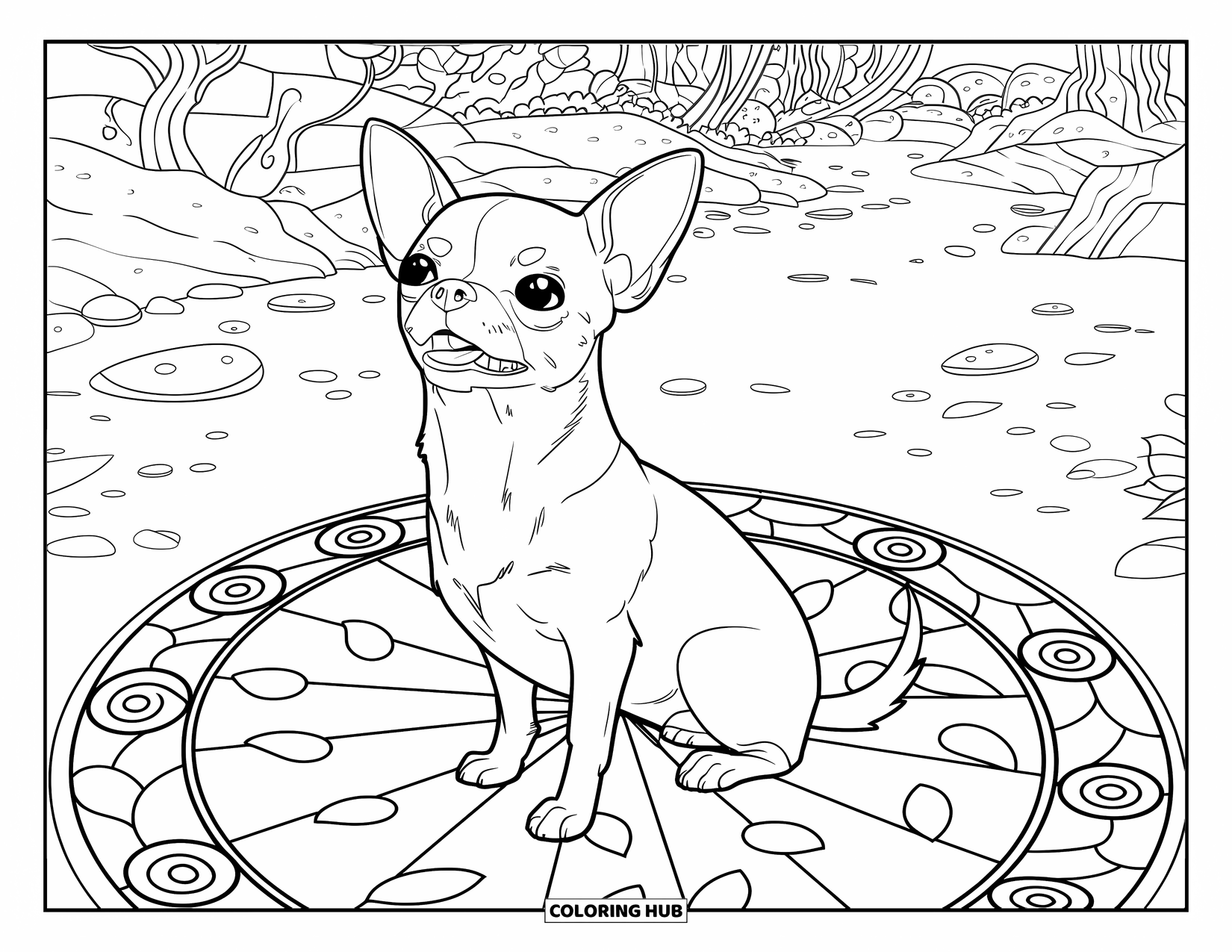 Chihuahua Coloring Page for Adults: Chihuahua gazes upward from a stained glass floor in a peaceful garden