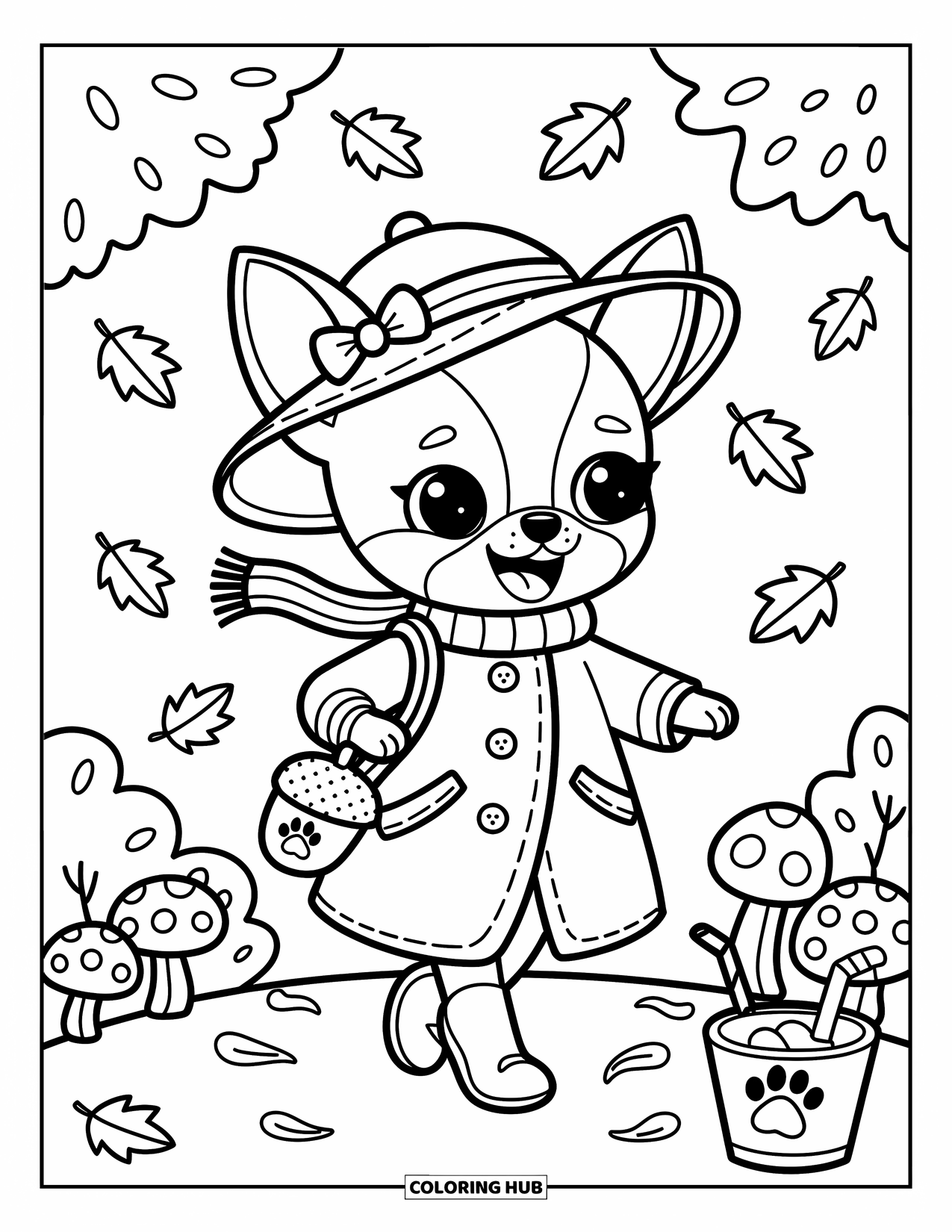Chihuahua Coloring Page for Adults: Chihuahua in a coat and hat strolls past falling leaves and a cozy cup