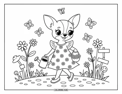 Kolorowanka z chihuahua dla dorosłych: Chihuahua w sukience w stokrotki podlewa kwiaty wśród motyli i ogrodowych tabliczek
