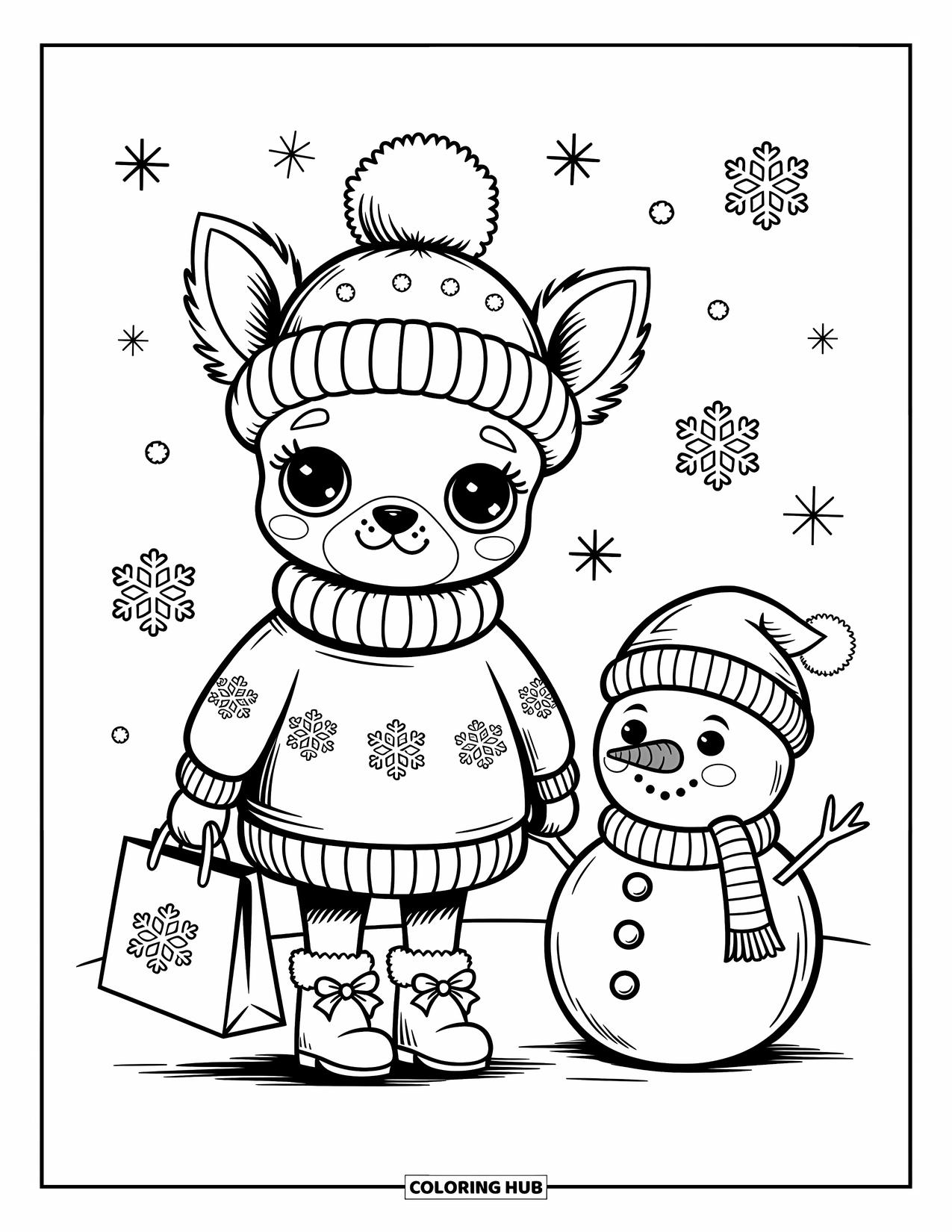Chihuahua Coloring Page for Adults: Chihuahua in a snowflake sweater walks past a smiling snowman in a snowy scene