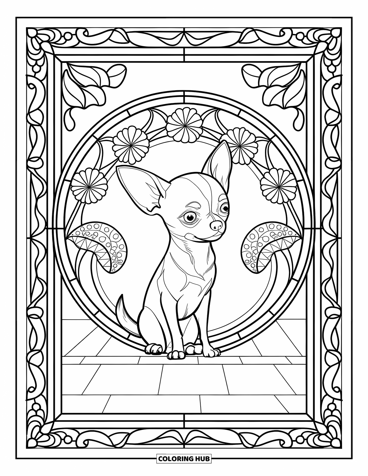 Chihuahua Coloring Page for Adults: Chihuahua poses within a stained glass floral frame with detailed borders