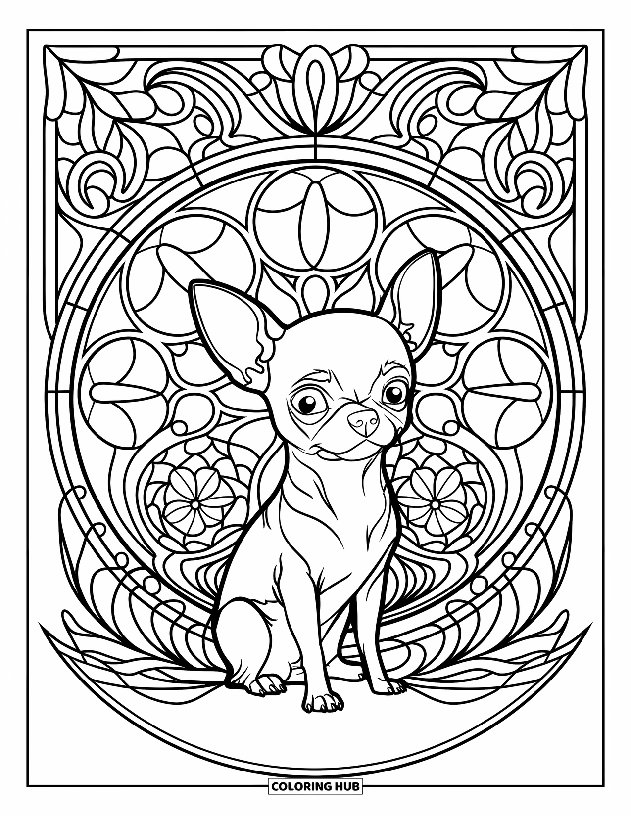 Chihuahua Coloring Page for Adults: Chihuahua sits with a head tilt among stained glass floral patterns