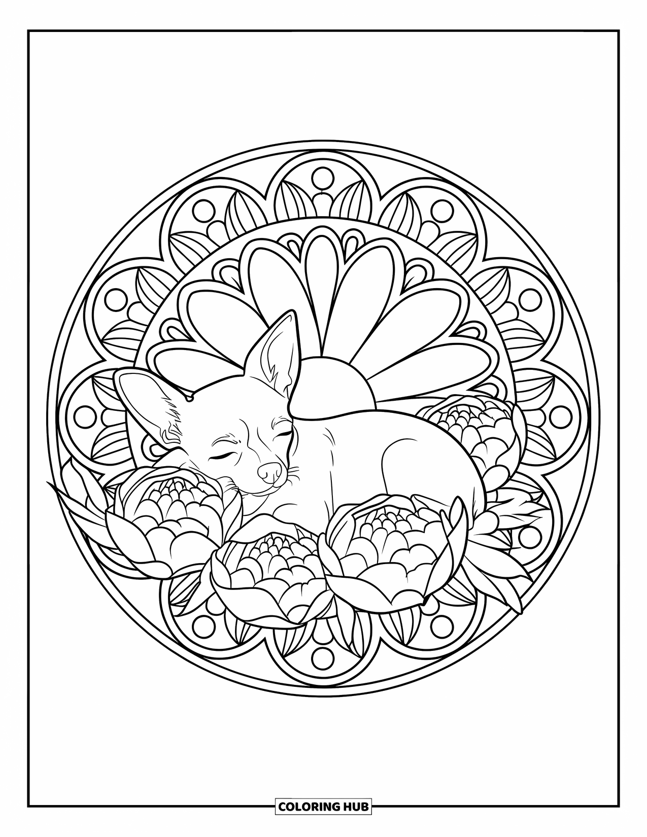 Chihuahua Coloring Page for Adults: Chihuahua sleeps in peonies inside a mandala with soft circle and dot patterns